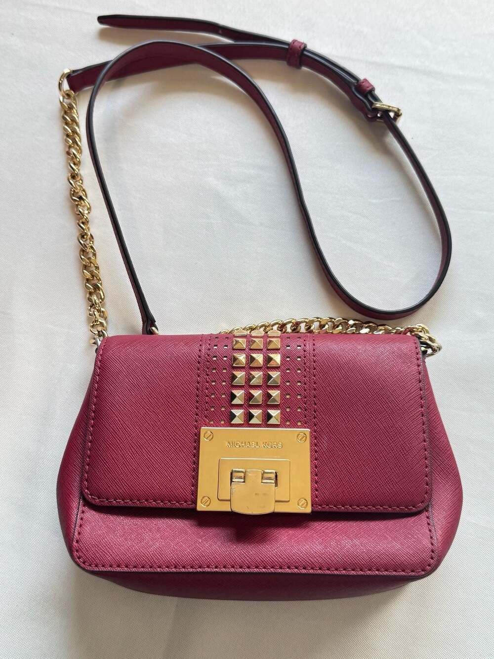 Michael Kors Studded Crossbody Bag Barbiecore Pink Saffiano Leather Purse